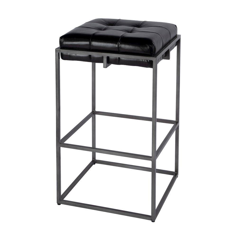 31 in. Seat Height Tufted Leather and Iron Backless Bar Height Stool, Footrest. Picture 1