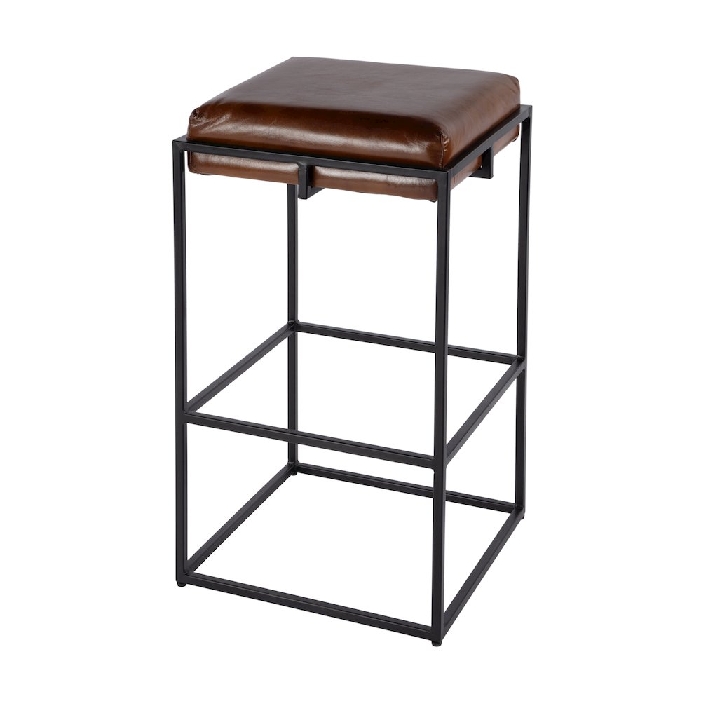 31 in. Seat Height Leather and Iron Backless Bar Height Stool with Footrest. Picture 1
