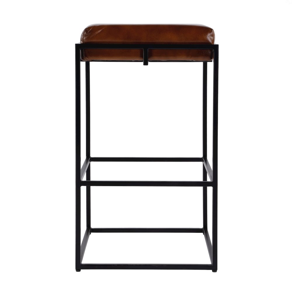 31 in. Seat Height Leather and Iron Backless Bar Height Stool with Footrest. Picture 3