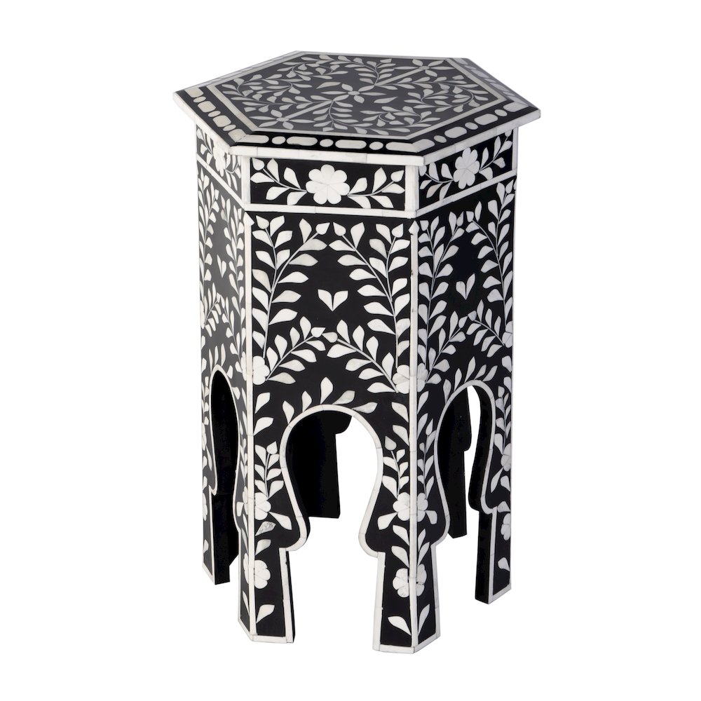 Amaya 16 in. W Hexagon Bone Inlay Side Table, Black, White. Picture 1