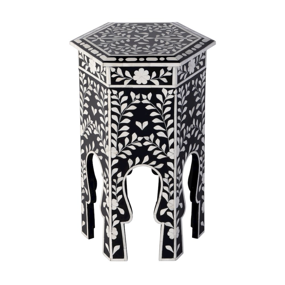 Amaya 16 in. W Hexagon Bone Inlay Side Table, Black, White. Picture 4