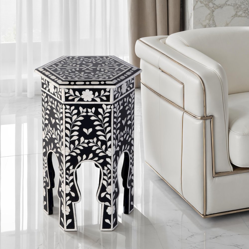 Amaya 16 in. W Hexagon Bone Inlay Side Table, Black, White. Picture 2