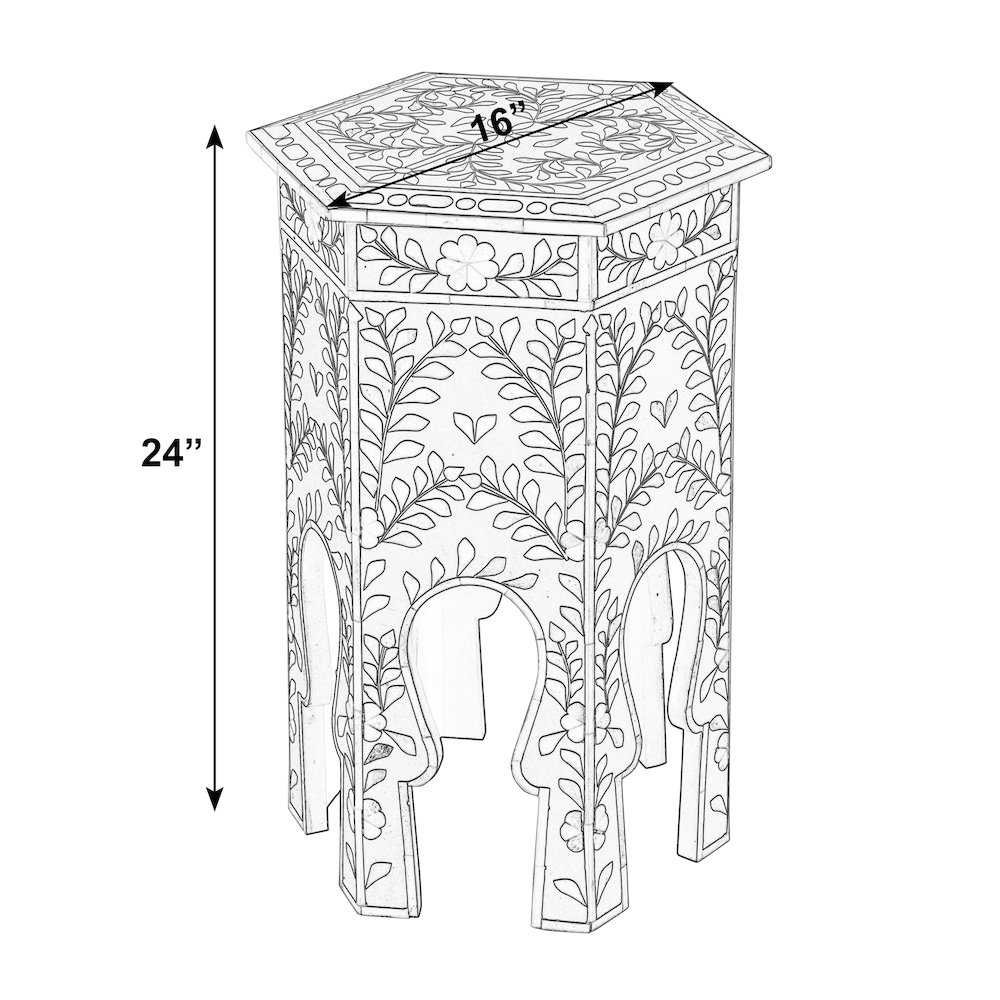 Amaya 16 in. W Hexagon Bone Inlay Side Table, Black, White. Picture 3