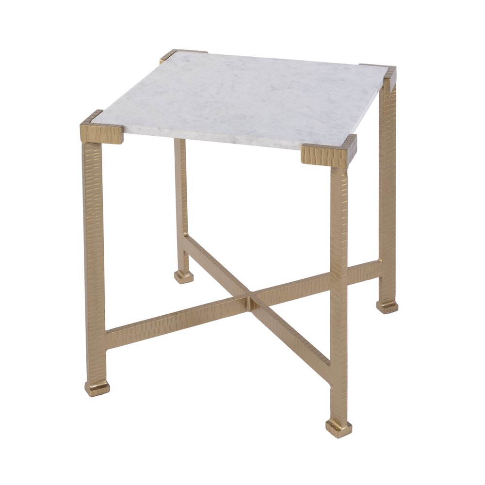 Loric 18 in. W Square Iron and Marble Side Table, White, Antique Gold. Picture 1