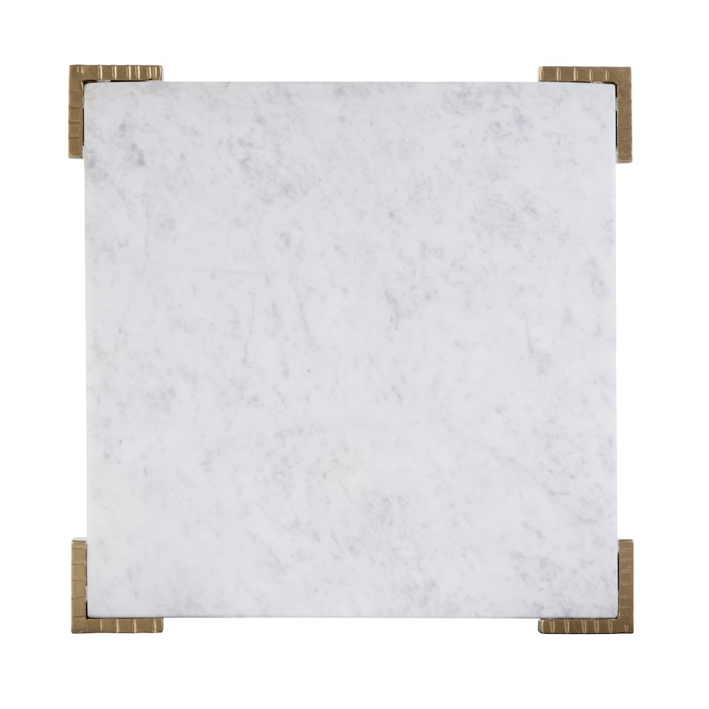 Loric 18 in. W Square Iron and Marble Side Table, White, Antique Gold. Picture 5