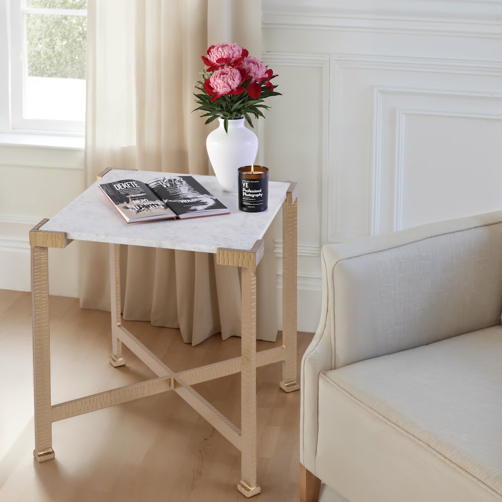 Loric 18 in. W Square Iron and Marble Side Table, White, Antique Gold. Picture 2