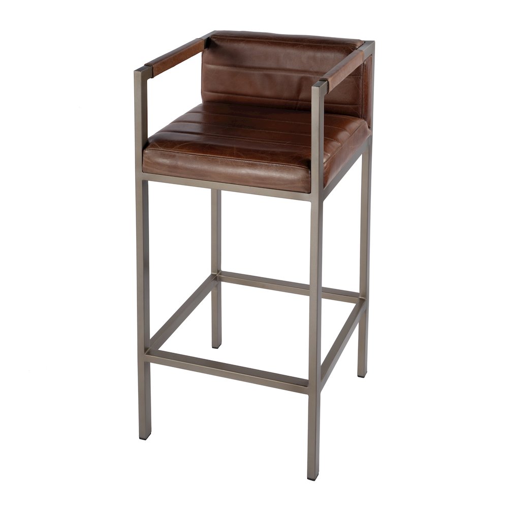 Dennis 31 in. Seat Height Leather and Iron Accent Stool with Low Back, Brown. Picture 1