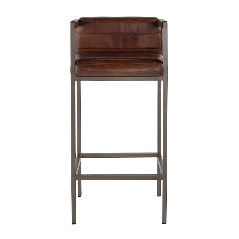 Dennis 31 in. Seat Height Leather and Iron Accent Stool with Low Back, Brown. Picture 3