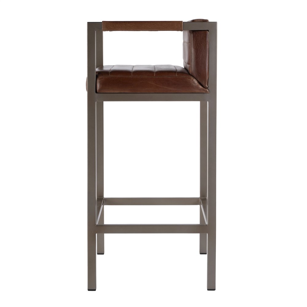 Dennis 31 in. Seat Height Leather and Iron Accent Stool with Low Back, Brown. Picture 5