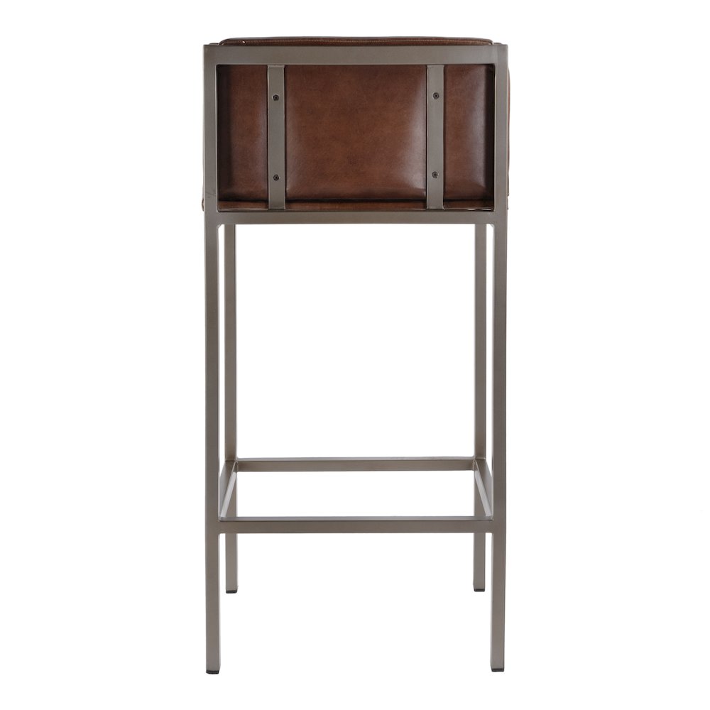 Dennis 31 in. Seat Height Leather and Iron Accent Stool with Low Back, Brown. Picture 6