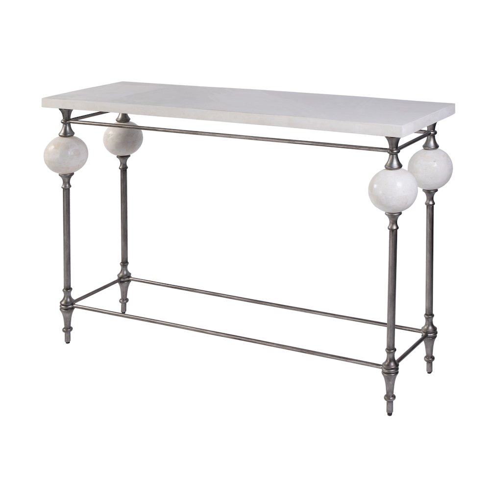 Amadeo 48" W Rectangular Stone and Metal Console Table, White, Silver. Picture 1