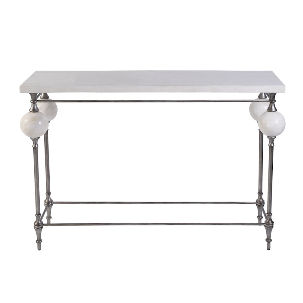 Amadeo 48" W Rectangular Stone and Metal Console Table, White, Silver. Picture 3