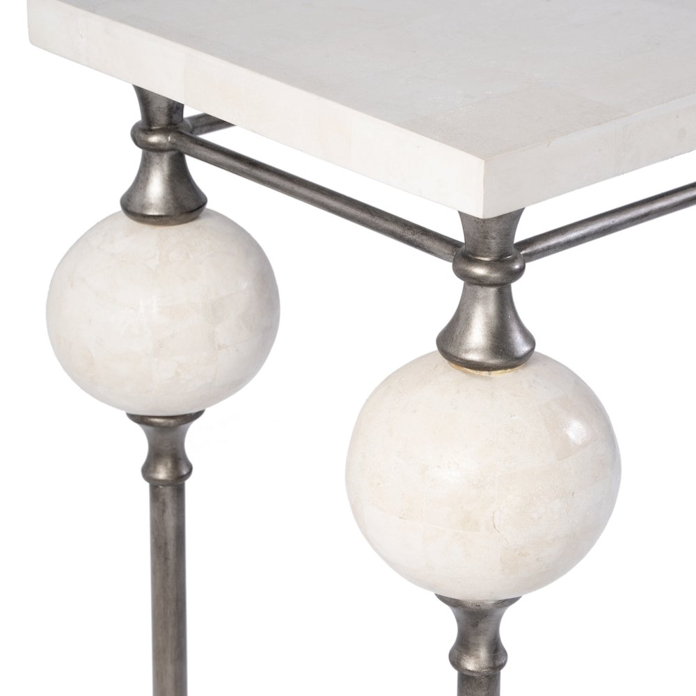 Amadeo 48" W Rectangular Stone and Metal Console Table, White, Silver. Picture 6