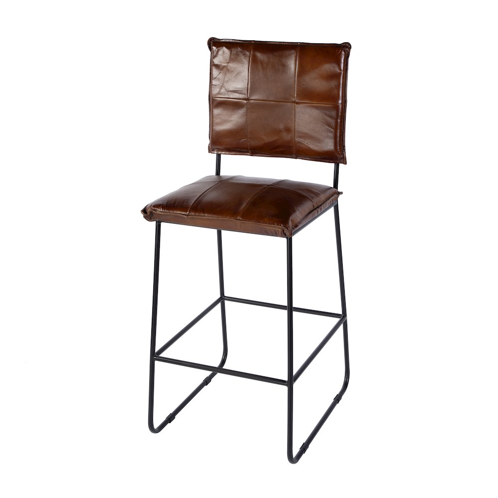 Niles Leather and Iron Bar Stool, Brown, Black. Picture 1
