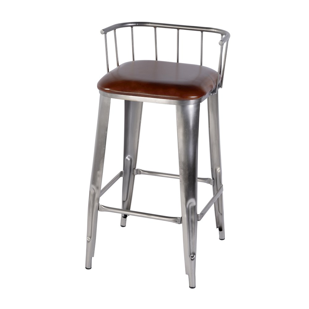 Coriander 30.5 in. Seat Height Leather Bar Height Stool, Brown, Silver. Picture 1