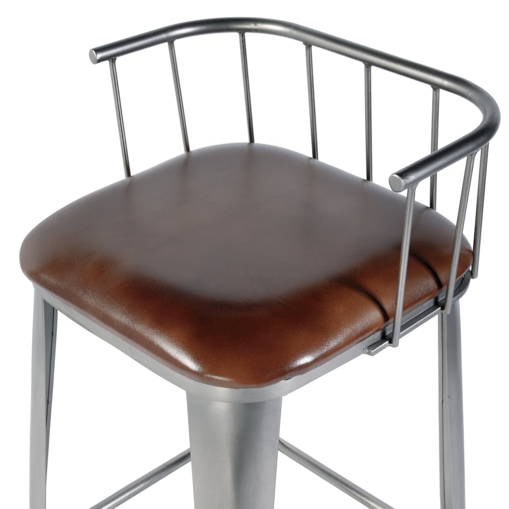 Coriander 30.5 in. Seat Height Leather Bar Height Stool, Brown, Silver. Picture 6