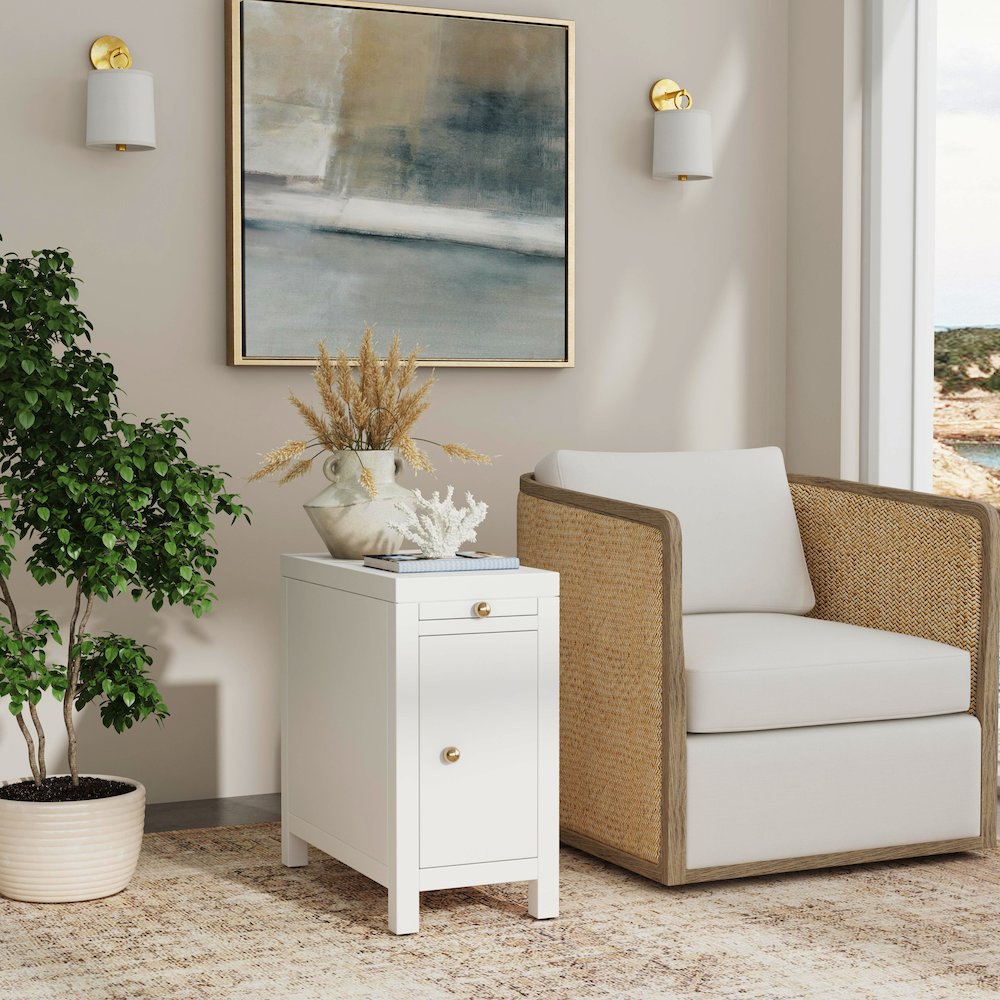 Nora 12 in. W Rectangular Wood 1 Door Narrow End Table with Pull-Out Tray, White. Picture 2