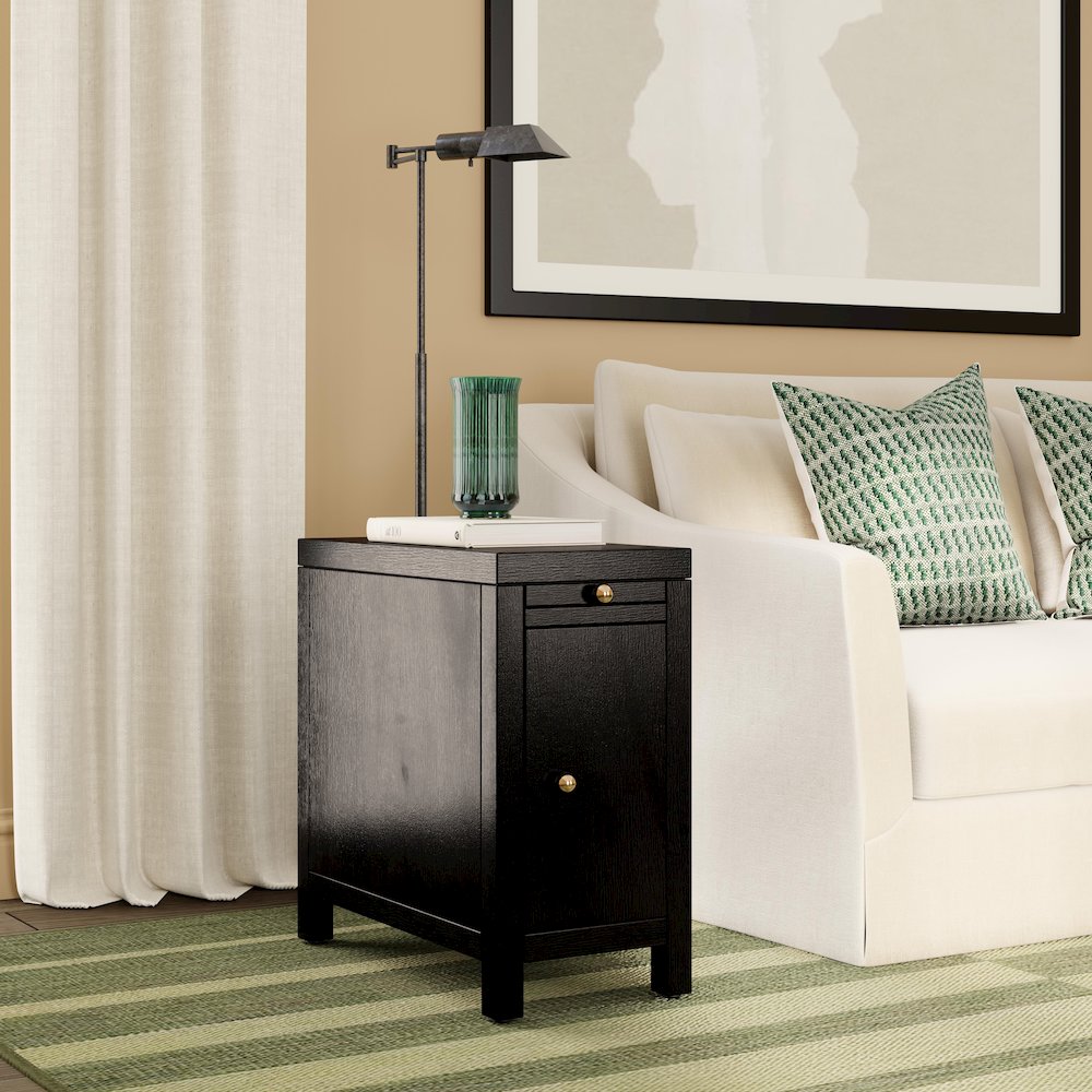 12 in. W Rectangular Wood 1 Door Narrow End Table with Pull-Out Tray, Coffee. Picture 2