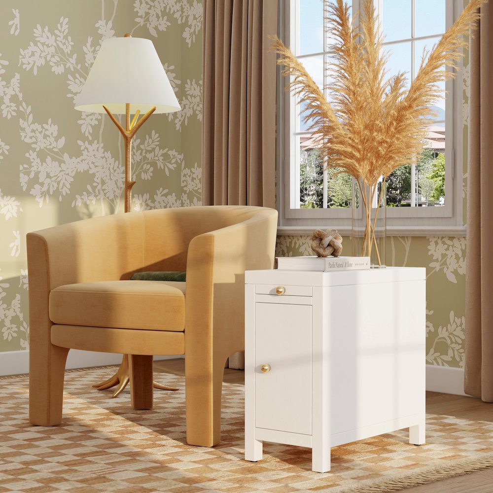 Nora 12 in. W Rectangular Wood 1 Door Narrow End Table, White. Picture 2