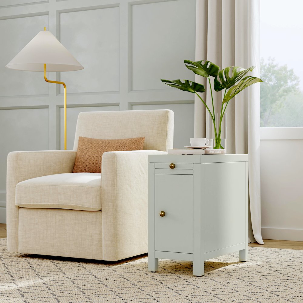 Nora 12 in. W Wood 1 Door End Table with Pull-Out Tray, Sage Green. Picture 2