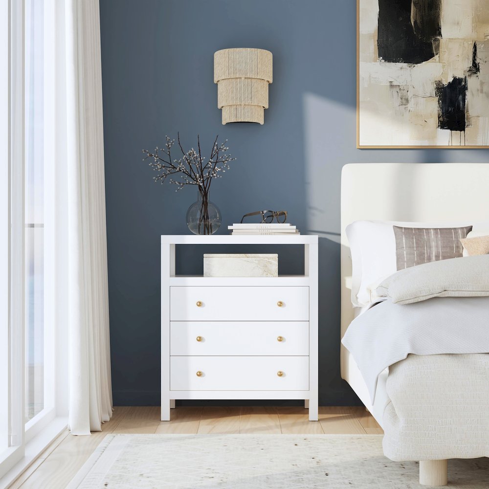 27 in. W Rectangular Wood 3 Drawer Tall Nightstand with Open Shelf on Top. Picture 2