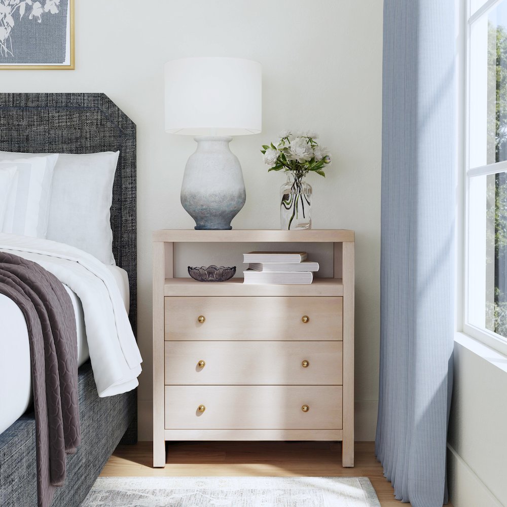 Nora 27 in. W Wood 3 Drawer Tall Nightstand with Shelf, Taupe. Picture 2
