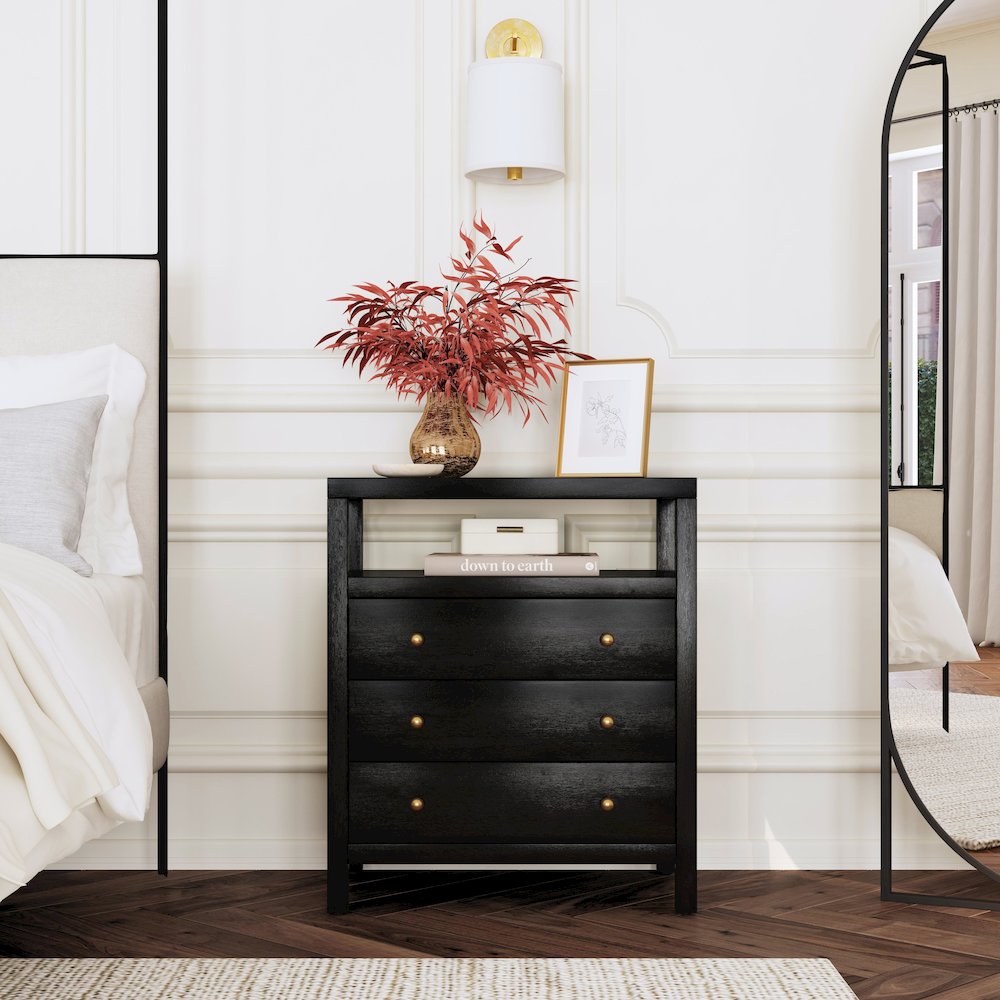 27 in. W Rectangular Wood 3 Drawer Tall Nightstand with Open Shelf on Top. Picture 2