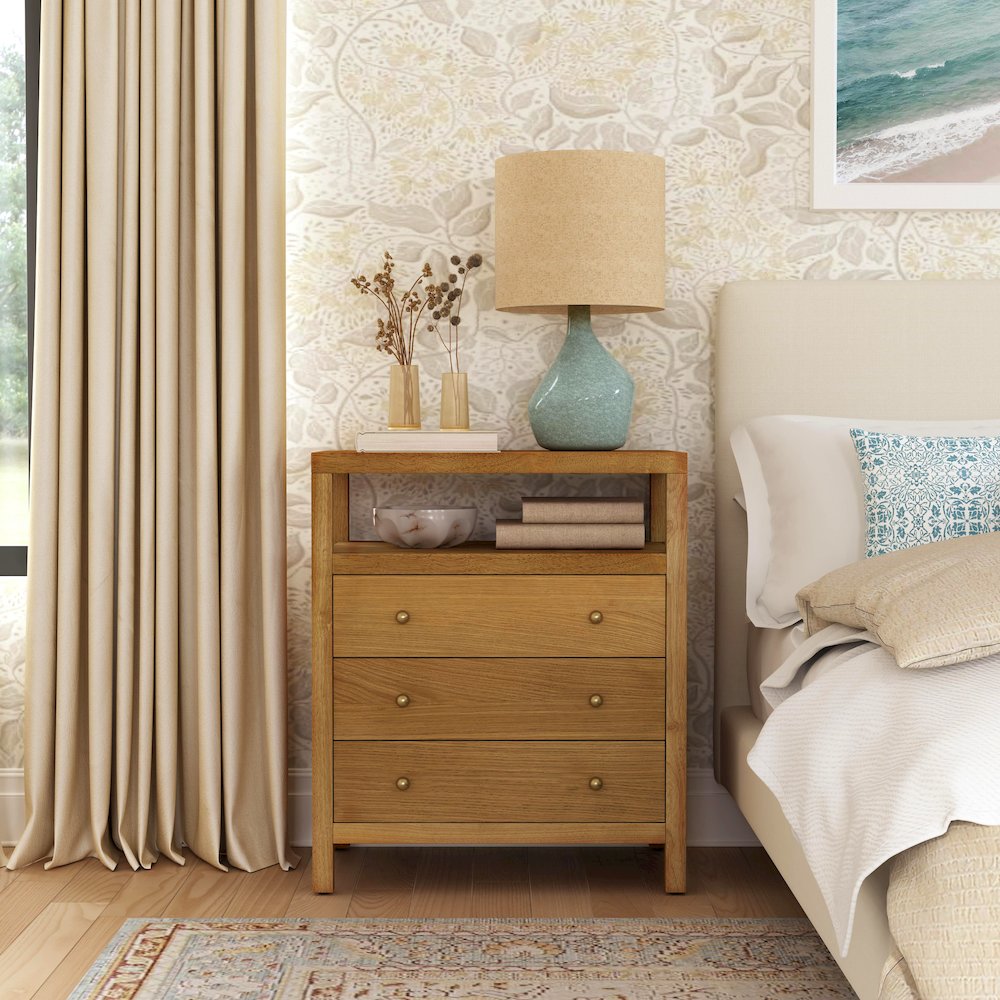 27 in. W Rectangular Wood 3 Drawer Tall Nightstand with Open Shelf on Top. Picture 2