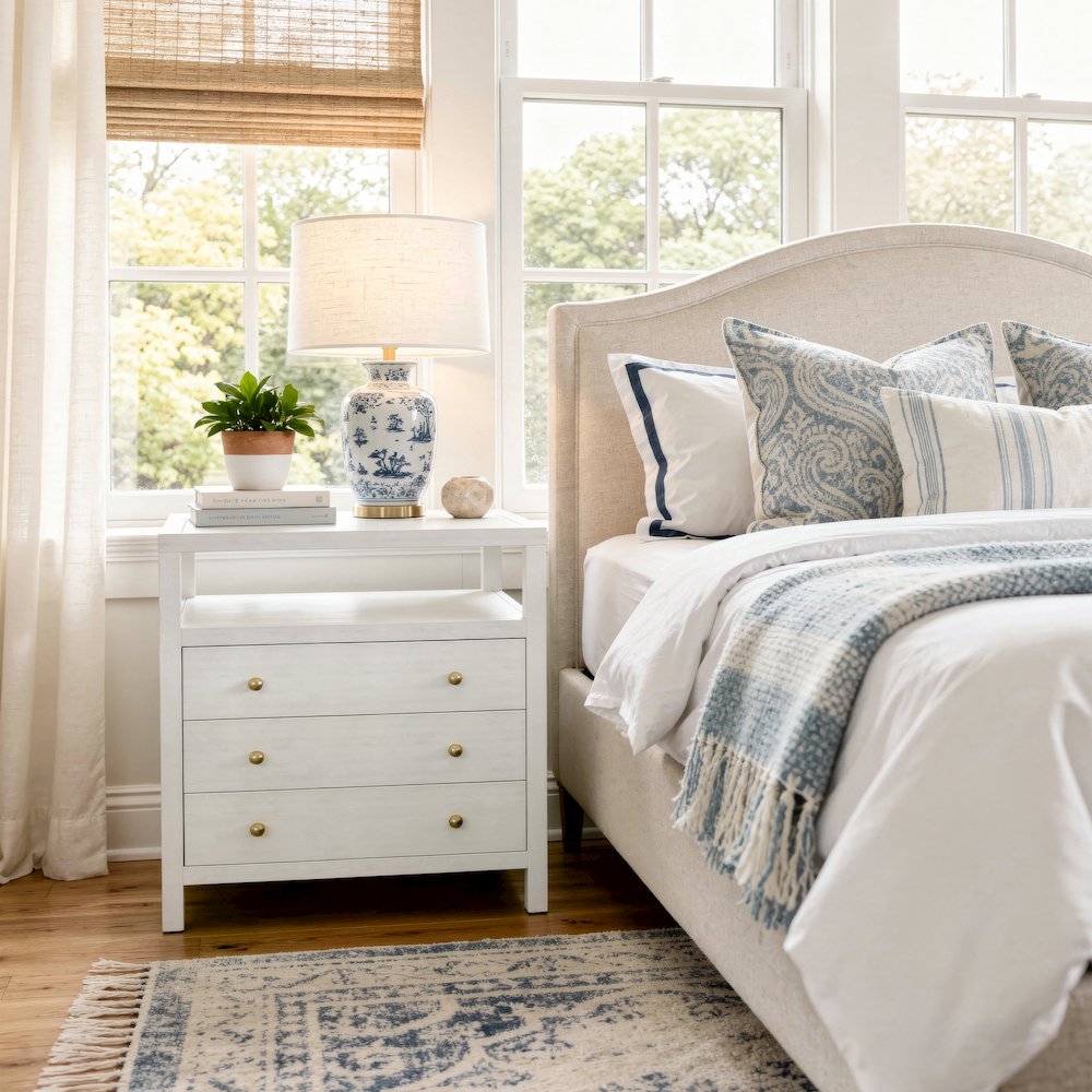 Nora 27 in. W Wood 3 Drawer Tall Nightstand with Shelf, Textured White. Picture 8