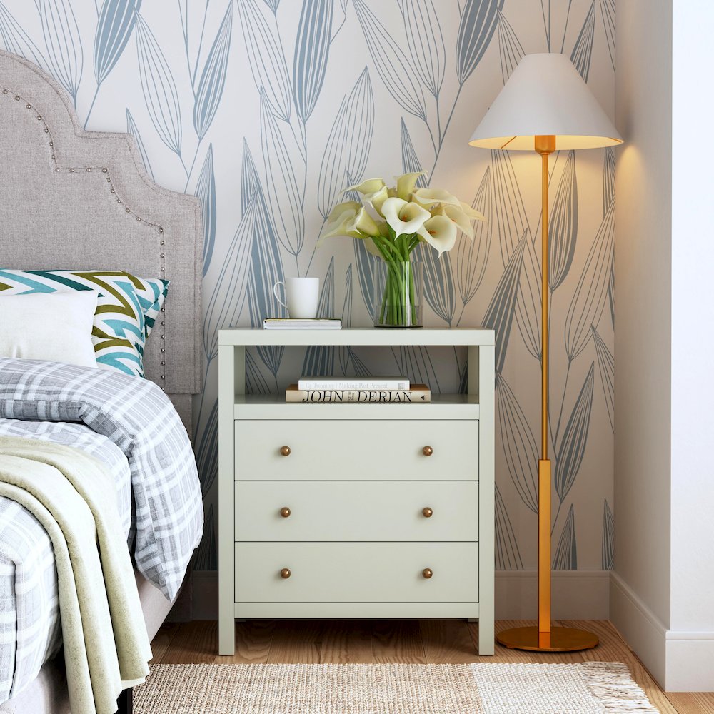 Nora 27 in. W Wood 3 Drawer Tall Nightstand with Shelf, Sage Green. Picture 2