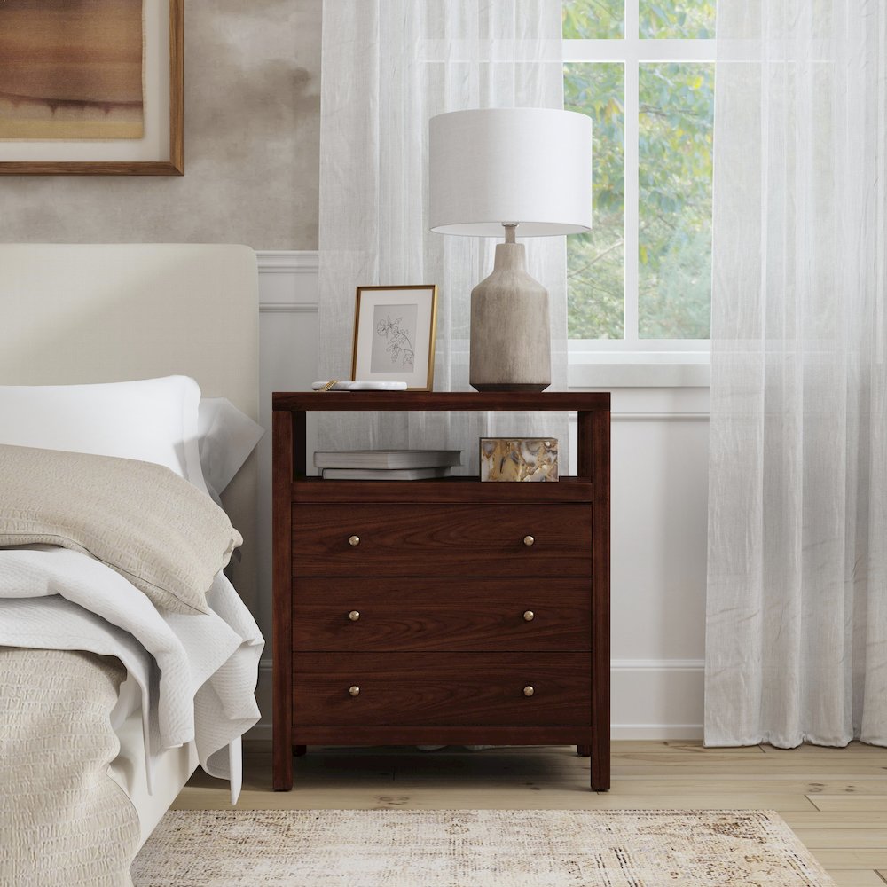 27 in. W Rectangular Wood 3 Drawer Tall Nightstand with Open Shelf on Top. Picture 2