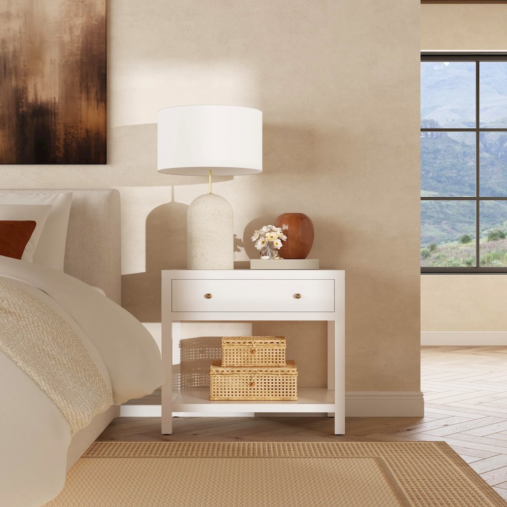30 in. W Rectangular Wood 1 Drawer Wide Nightstand with Lower Open Shelf, White. Picture 2