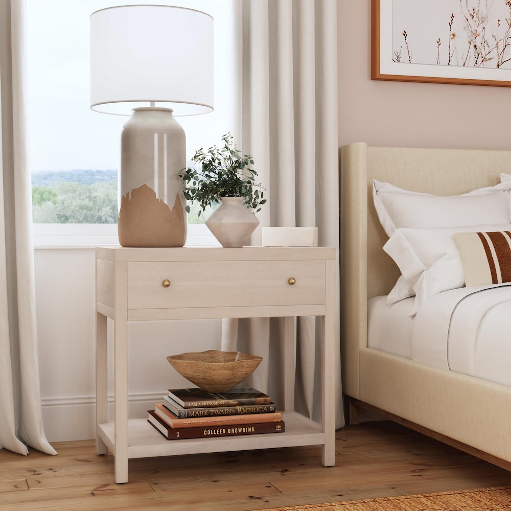 Nora 30 in. W Wood 1 Drawer Wide Nightstand with Shelf, Taupe. Picture 2