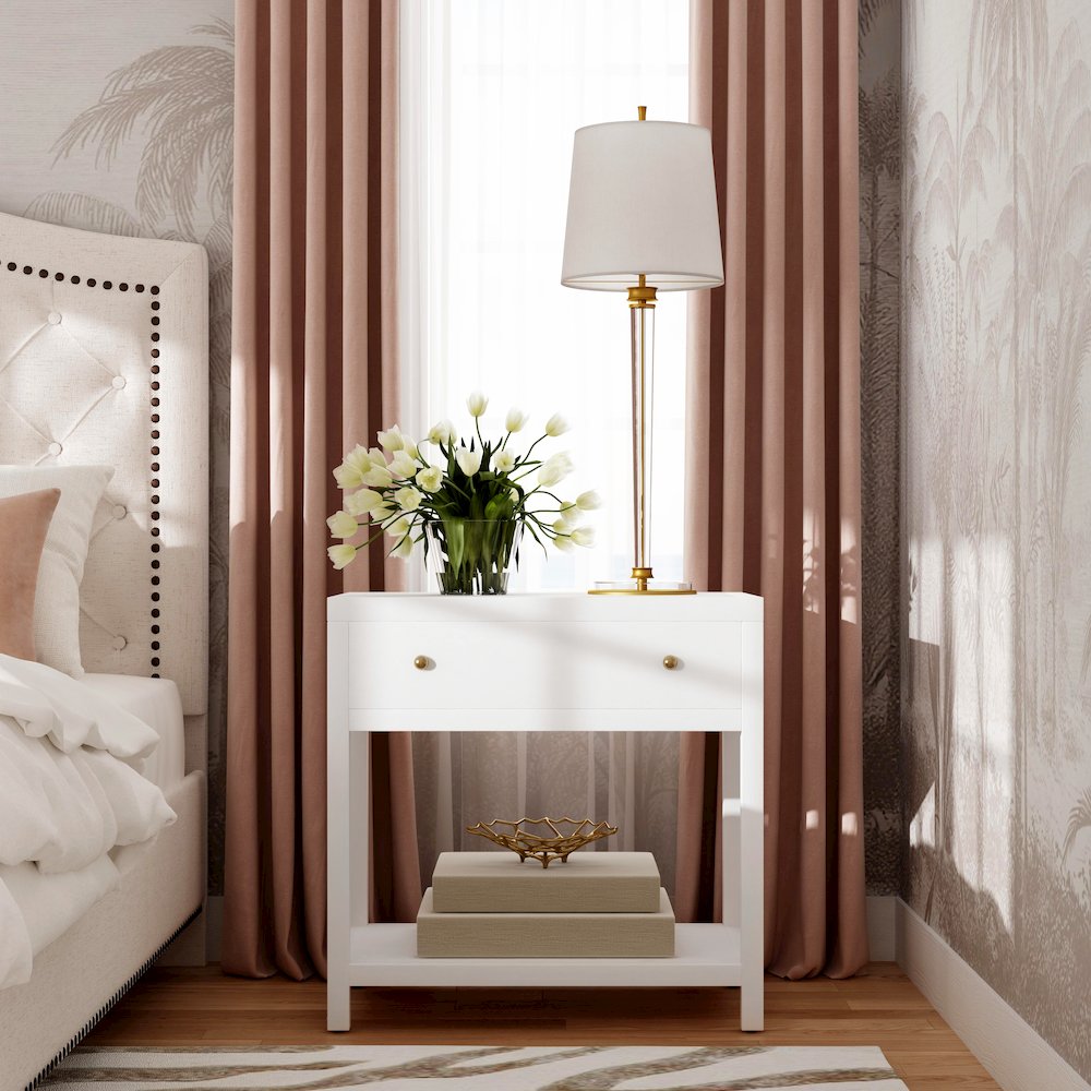 Nora 30 in. W Wood 1 Drawer Wide Nightstand with Shelf, White. Picture 2