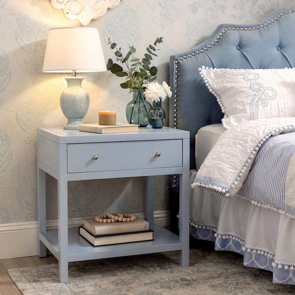 Nora 30 in. W Wood 1 Drawer Wide Nightstand with Shelf, Light Blue. Picture 2