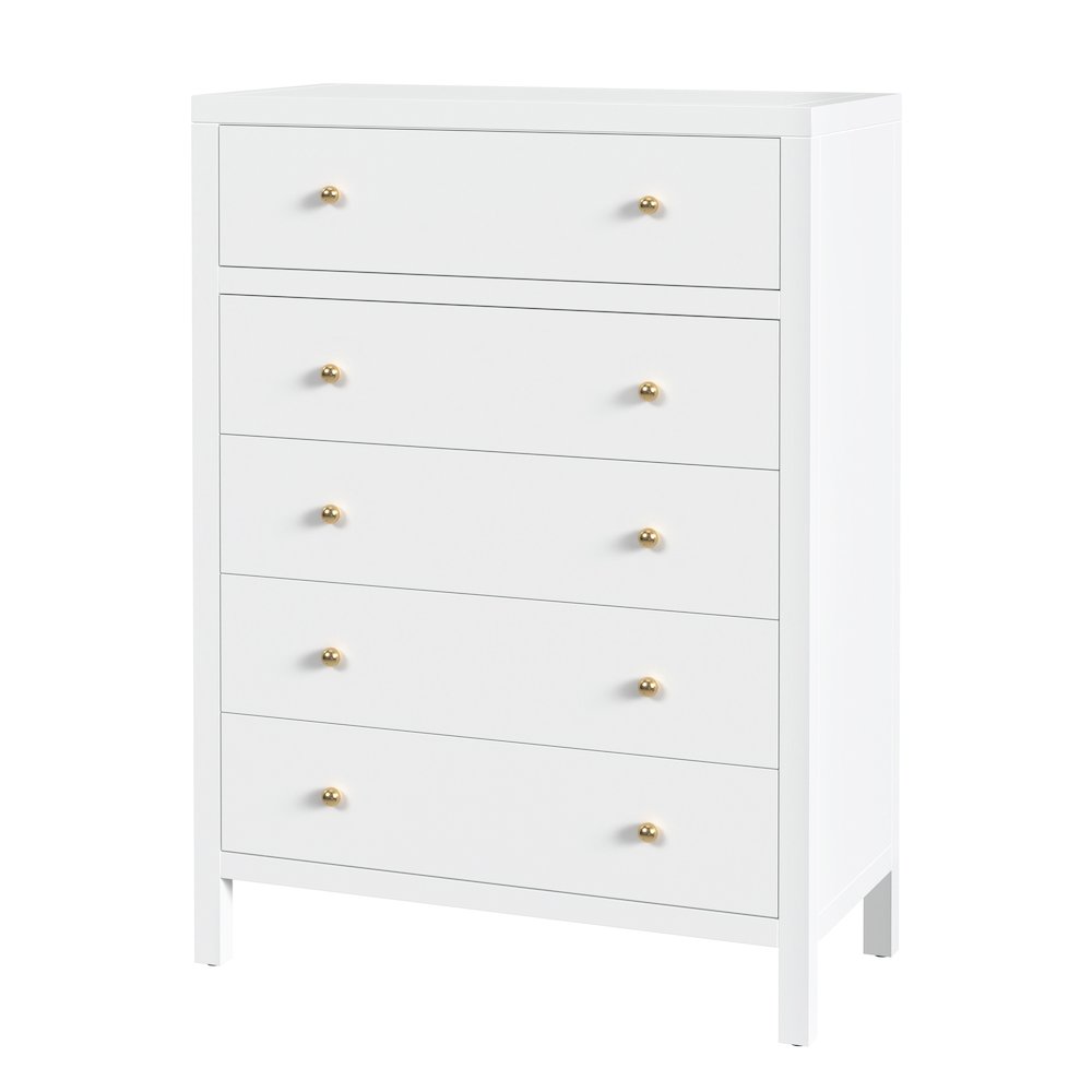 Nora 36 in. W Rectangular Wood 5 Drawer Tall Dresser, Smooth White. Picture 1