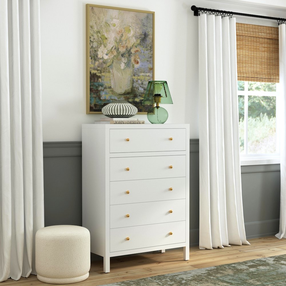 Nora 36 in. W Rectangular Wood 5 Drawer Tall Dresser, Smooth White. Picture 2