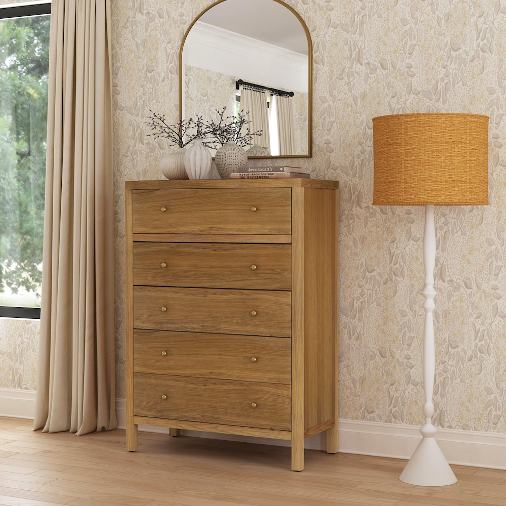 Nora 36 in. W Rectangular Wood 5 Drawer Tall Dresser, Natural. Picture 2