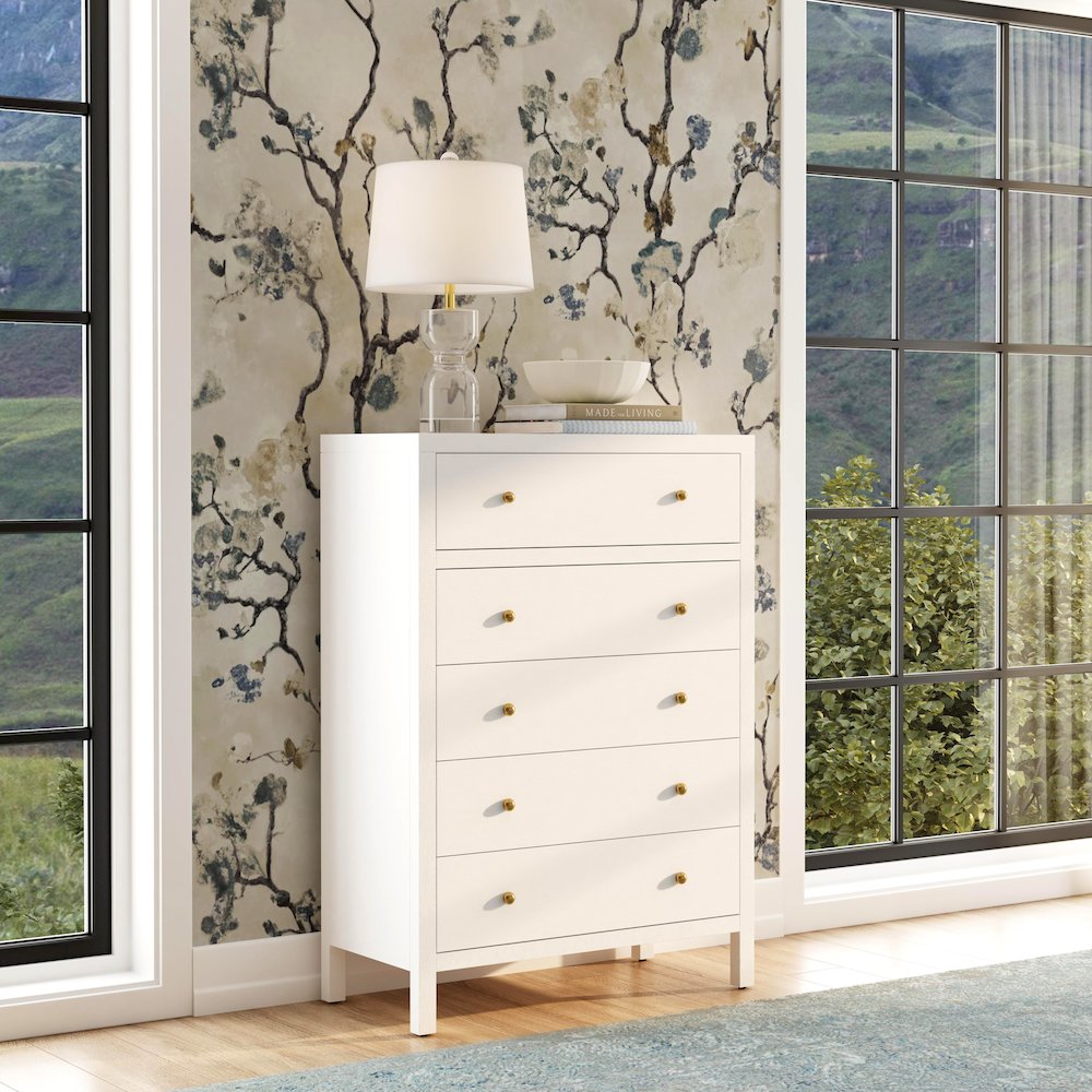 Nora 36 in. W Rectangular Wood 5 Drawer Tall Dresser, White. Picture 2