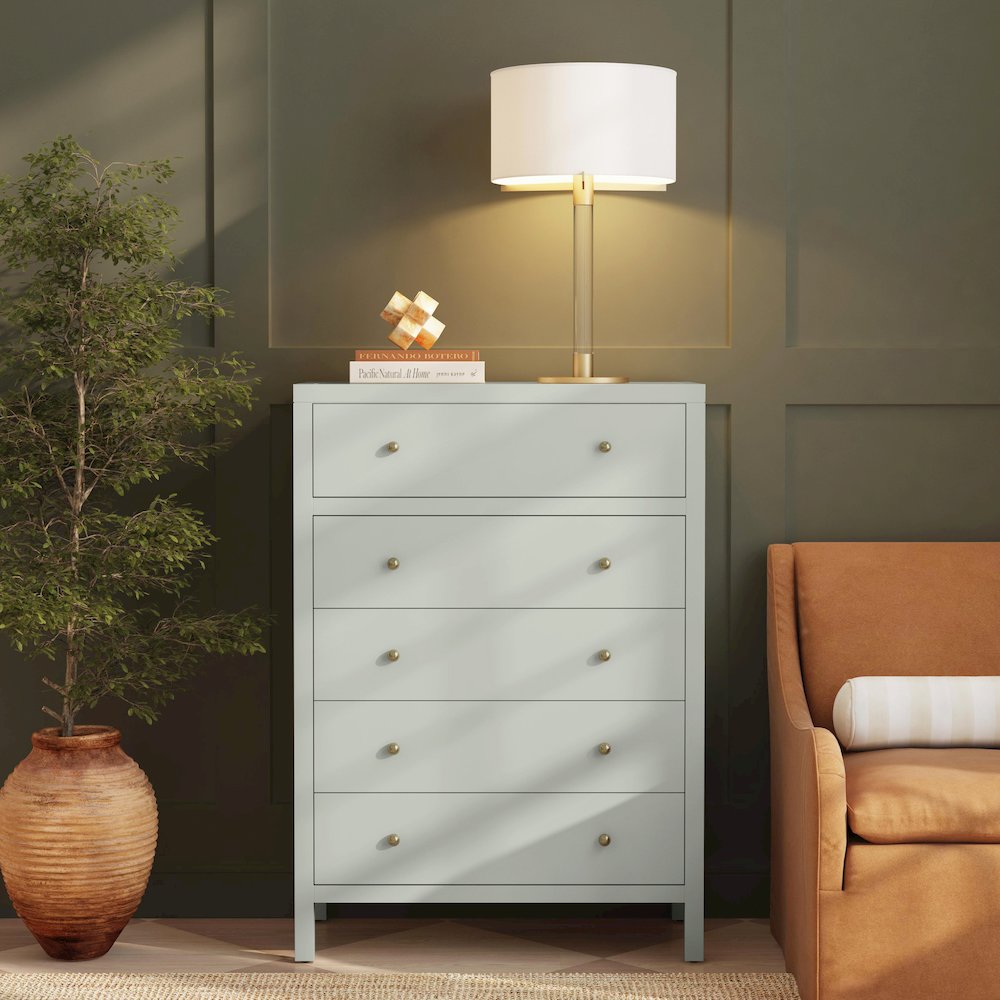 Nora 36 in. W Rectangular Wood 5 Drawer Tall Dresser, Sage Green. Picture 2