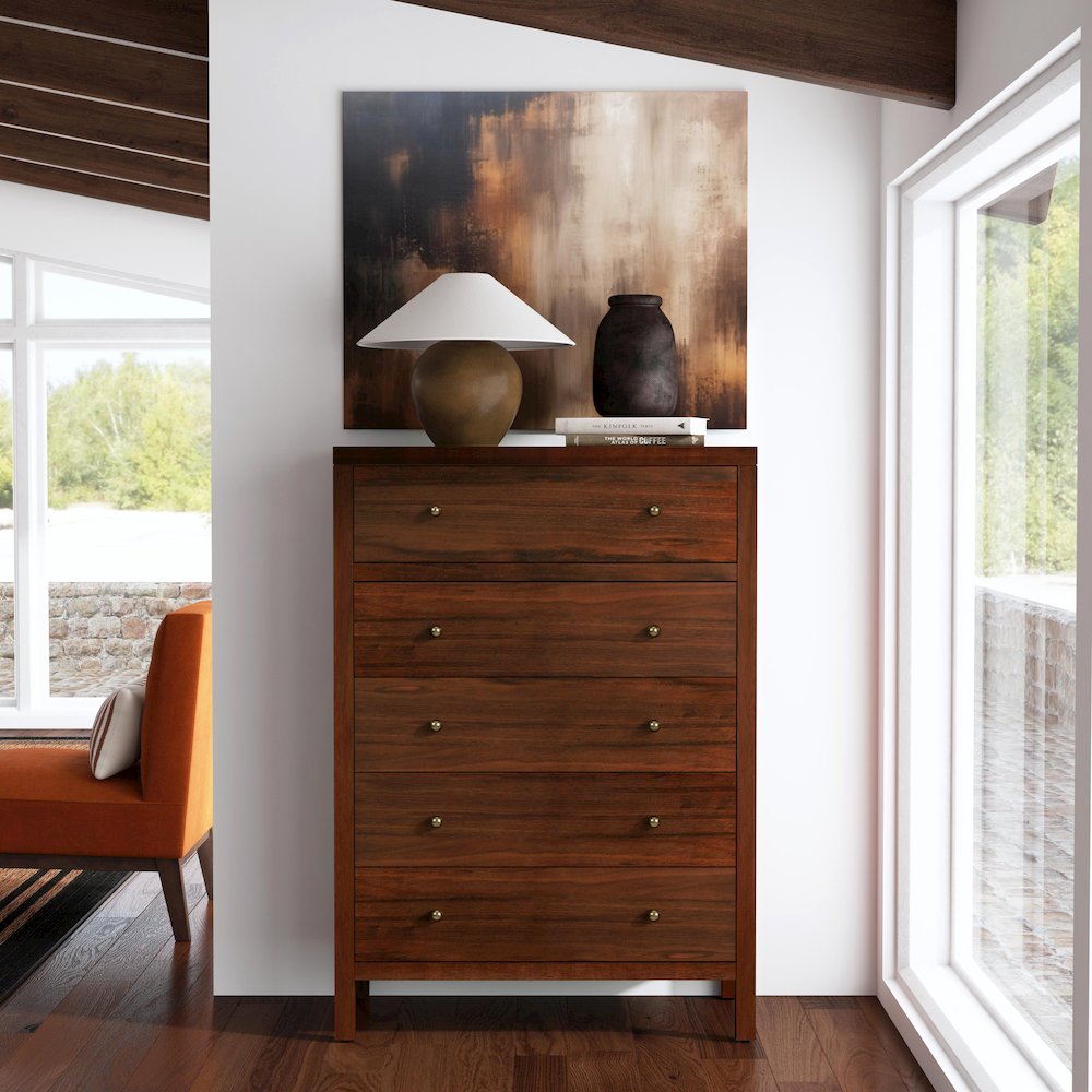 Nora 36 in. W Rectangular Wood 5 Drawer Tall Dresser, Walnut. Picture 2