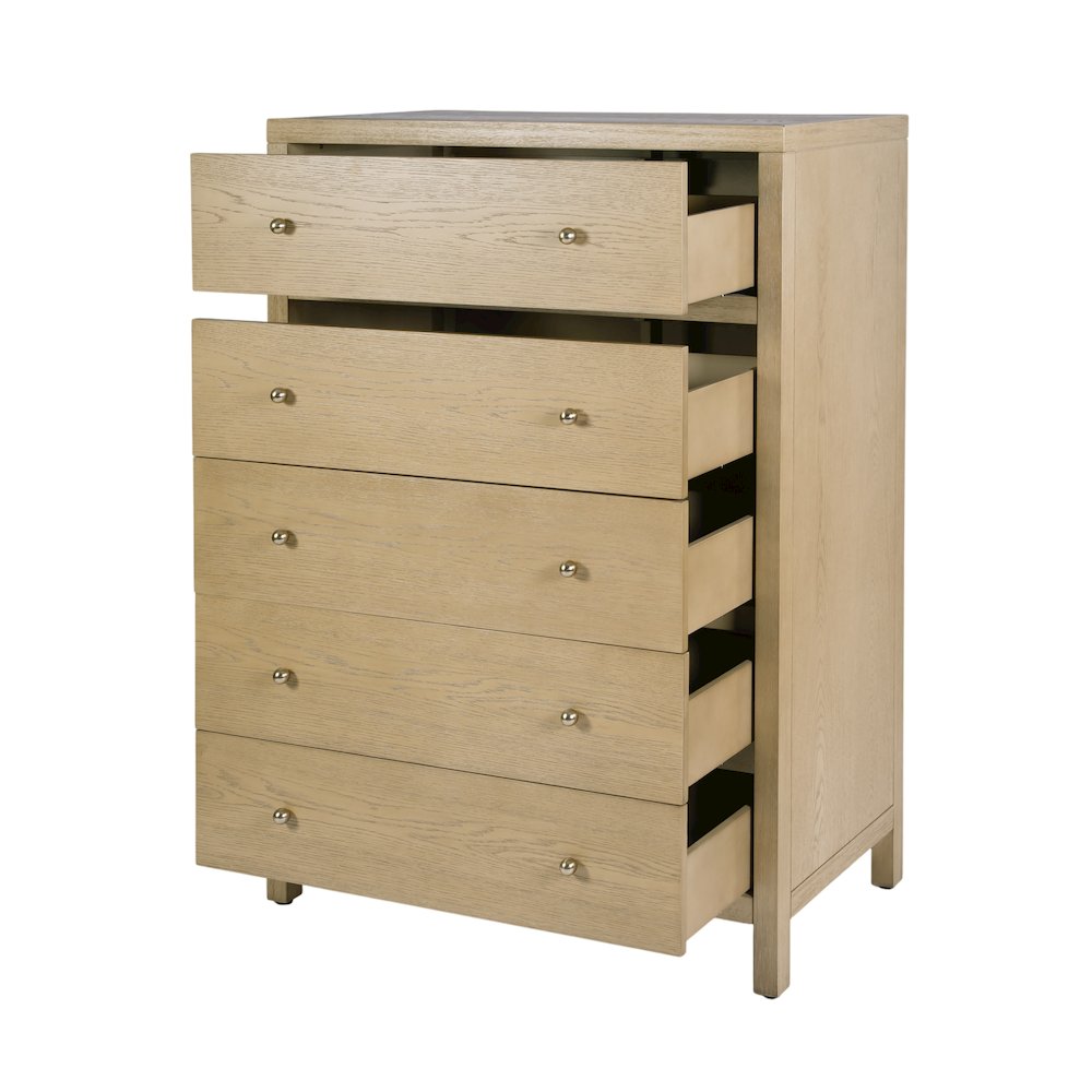 Nora 36 in. W Rectangular Wood 5 Drawer Tall Dresser, Light Brown. Picture 4