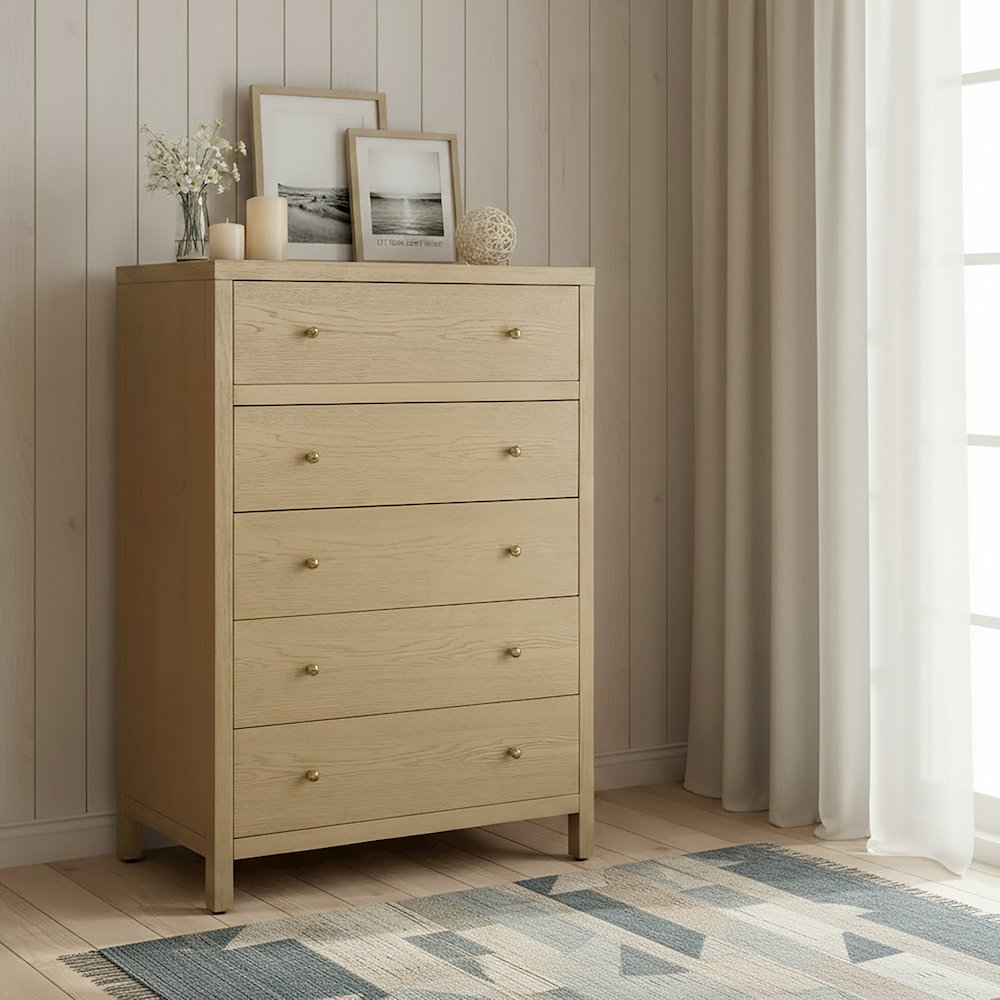 Nora 36 in. W Rectangular Wood 5 Drawer Tall Dresser, Light Brown. Picture 2