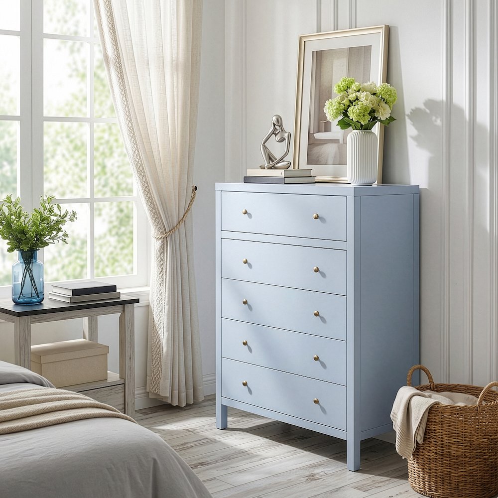 Nora 36 in. W Rectangular Wood 5 Drawer Tall Dresser, Light Blue. Picture 2
