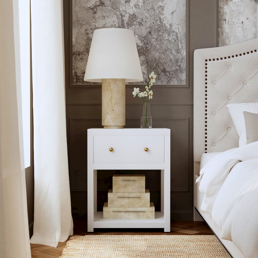Nora 21 in. W Wood 1 Drawer Small Nightstand with Shelf, White. Picture 2