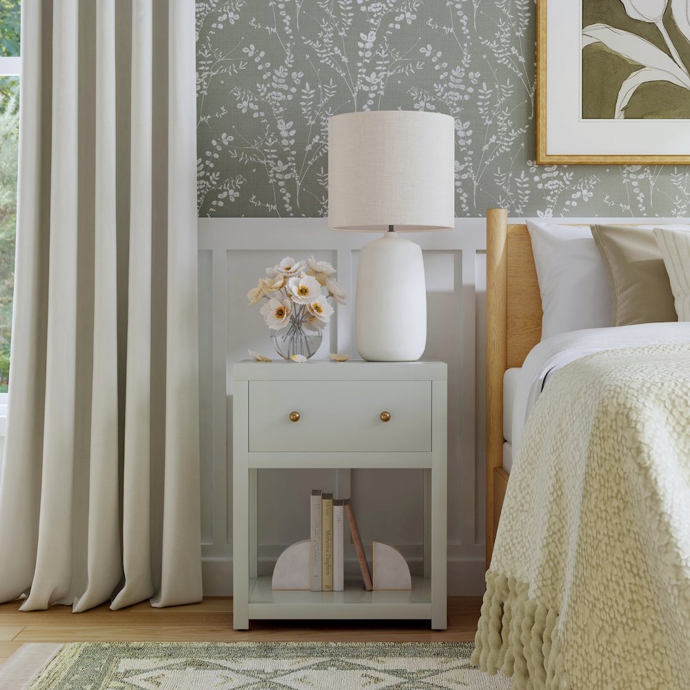 Nora 21 in. W Wood 1 Drawer Small Nightstand with Shelf, Sage Green. Picture 2