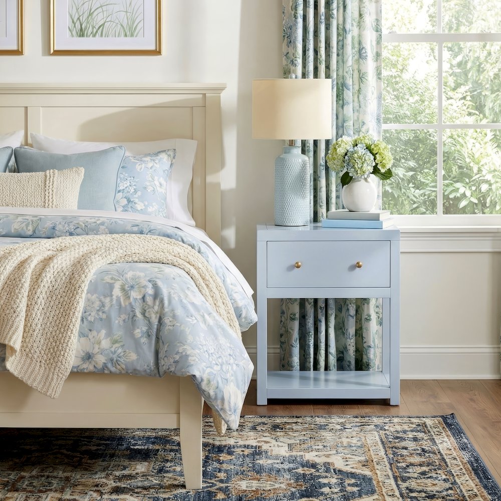 Nora 21 in. W Wood 1 Drawer Small Nightstand with Shelf, Light Blue. Picture 2