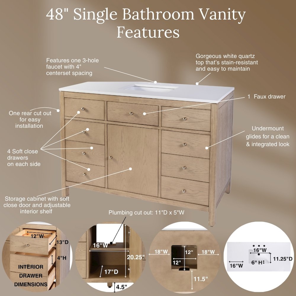 Nora 48 in. W Quartz Single Sink Bathroom Vanity Set, Light Brown. Picture 9