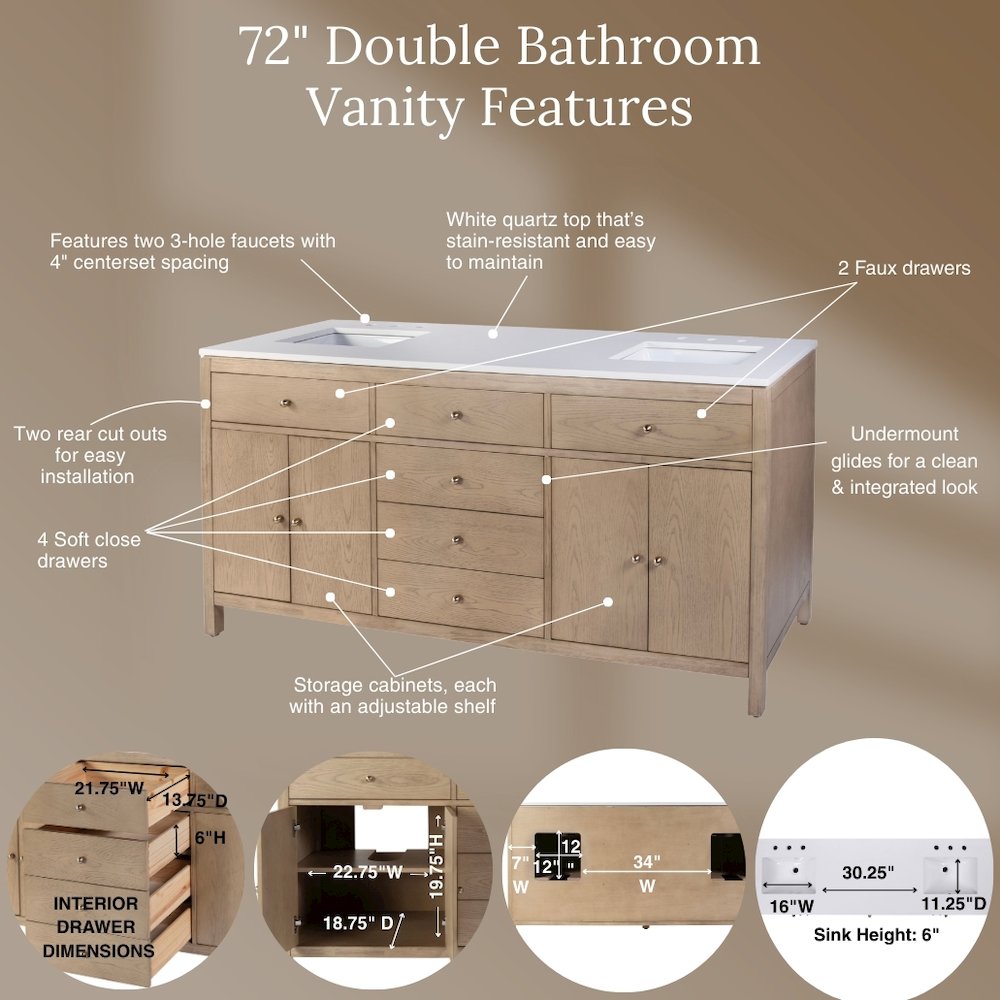 Nora 72 in. W Quartz Double Sink Bathroom Vanity Set, Light Brown. Picture 9