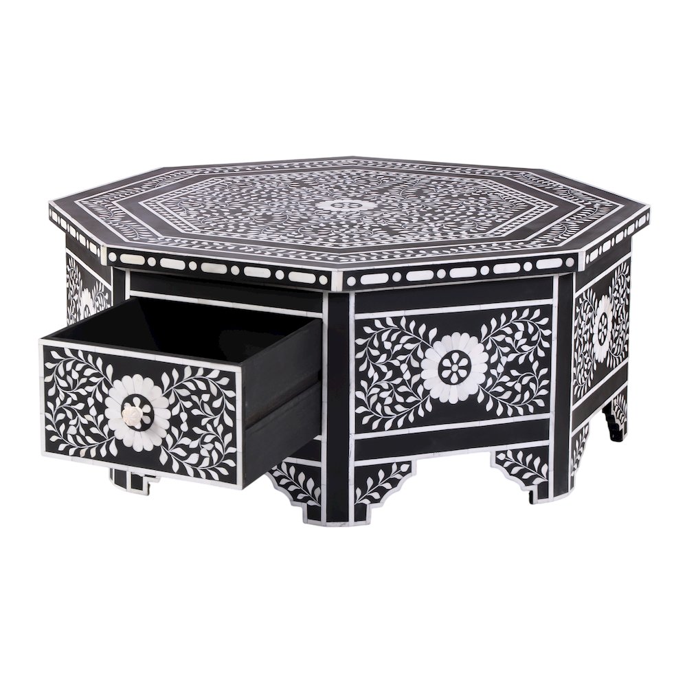 Blackwell 40.25" W Octagonal Bone In-Lay Coffee Table, Black, White. Picture 5